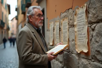 Poète italien âgé tenant un carnet manuscrit devant un mur recouvert d'affiches politiques et de vers de poésie dans une piazza