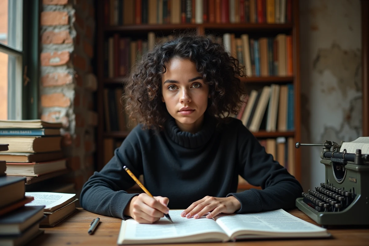 Jeune poétesse italienne écrivant à la plume dans un appartement romain entouré de livres et de revues littéraires