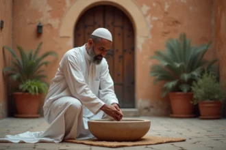 Homme en djellaba blanche effectuant les ablutions dans une cour intérieure aux carreaux en terre cuite, préparation spirituelle avant la prière islamique à Nantes