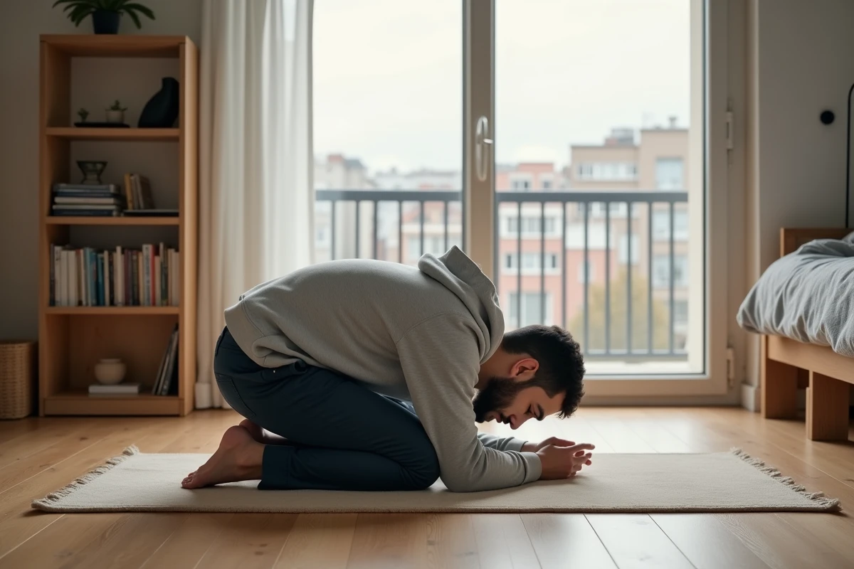 Jeune homme musulman en prosternation sur un tapis de prière dans un appartement moderne avec vue urbaine de Nantes en arrière-plan