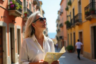 Touriste consultant un plan de quartier dans le Panier à Marseille avec des ruelles colorées en arrière-plan