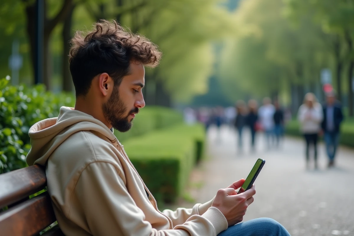 Jeune personne vérifiant l'origine d'un appel avec l'indicatif 49 sur un banc de parc en ville