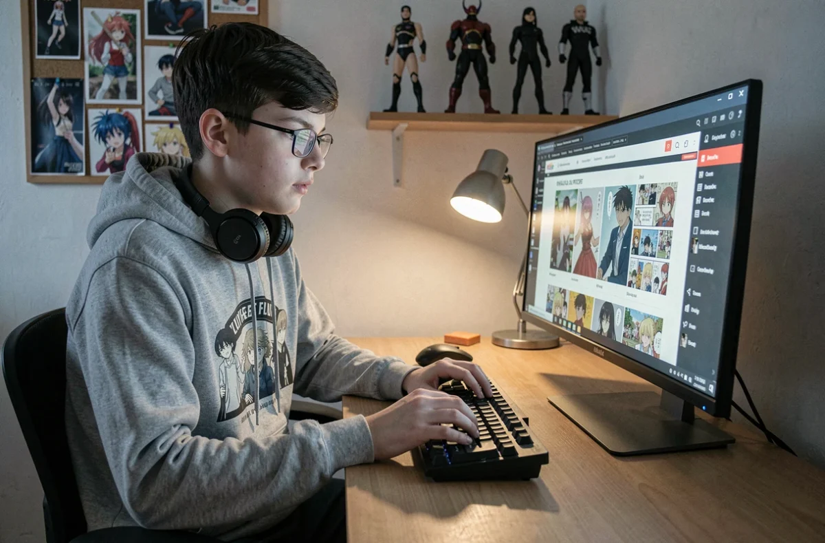 Adolescent parcourant un site de lecture de manga en ligne sur son ordinateur de bureau dans sa chambre