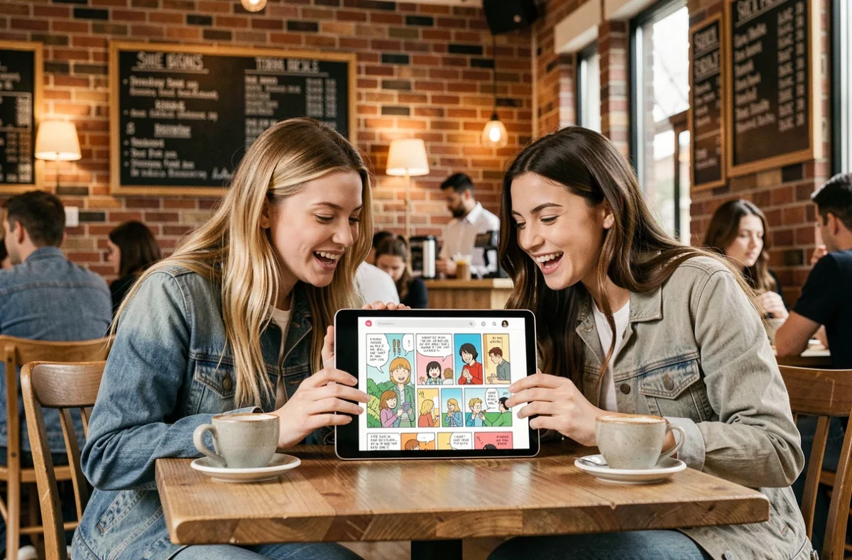 Deux amies partageant la lecture d'un webtoon sur tablette dans un café, expérience sociale de lecture légale de webtoons en version française