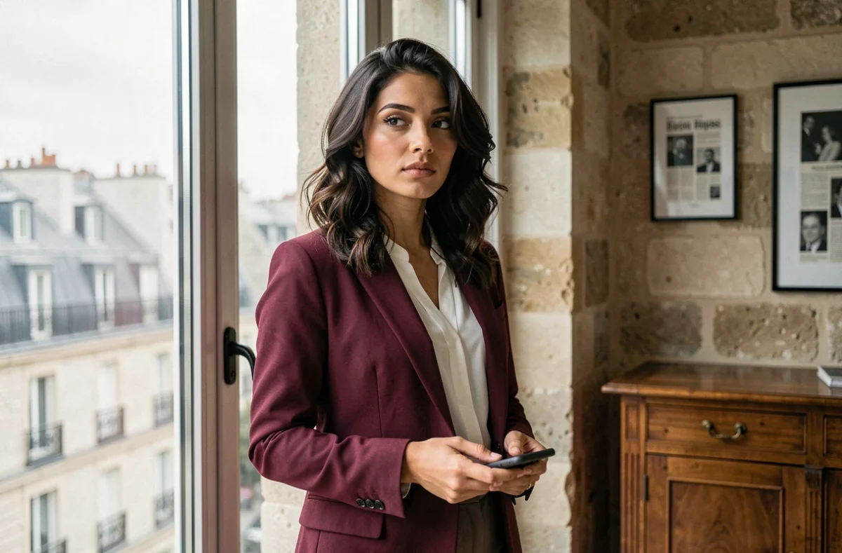Femme élégante en blazer bordeaux dans un appartement parisien, illustrant les rumeurs médiatiques autour du couple Anne Sila et David Kammenos