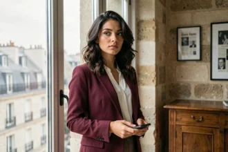 Femme élégante en blazer bordeaux dans un appartement parisien, illustrant les rumeurs médiatiques autour du couple Anne Sila et David Kammenos