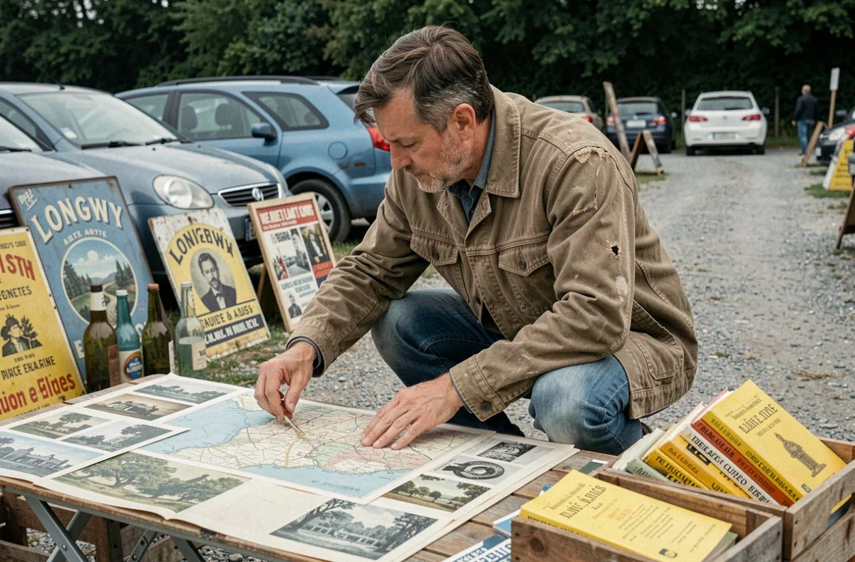 Homme feuilletant des cartes vintage et lithographies anciennes sur un stand de brocante près de Longwy en Meurthe-et-Moselle