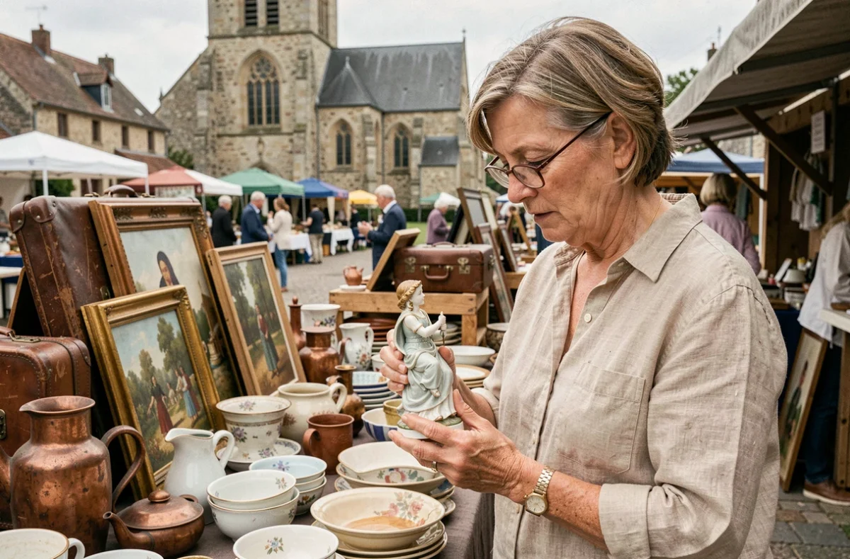 Femme examinant une figurine en porcelaine ancienne sur un stand de brocante en plein air en Meurthe-et-Moselle