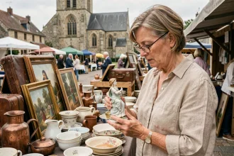 Femme examinant une figurine en porcelaine ancienne sur un stand de brocante en plein air en Meurthe-et-Moselle