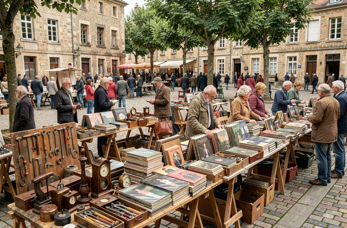 Vue panoramique d'une brocante animée sur une place pavée d'une ville historique de Meurthe-et-Moselle