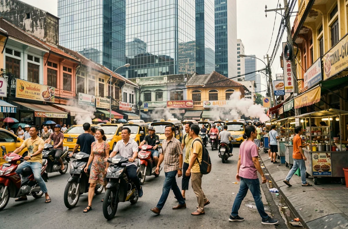 Carrefour animé de Bangkok avec une foule dense de piétons et de véhicules illustrant la forte densité de population de la ville en 2026