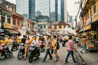 Carrefour animé de Bangkok avec une foule dense de piétons et de véhicules illustrant la forte densité de population de la ville en 2026
