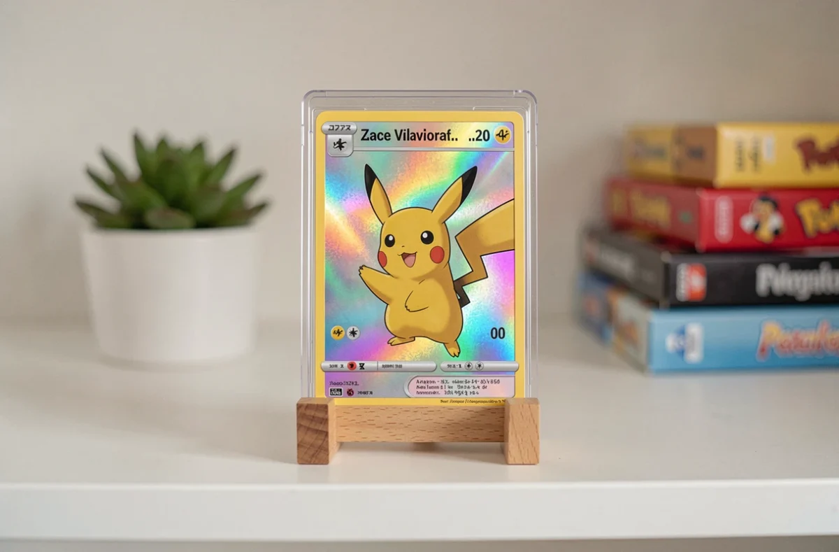 Carte Pokémon Pikachu rare dans une protection rigide exposée sur une étagère de collectionneur minimaliste