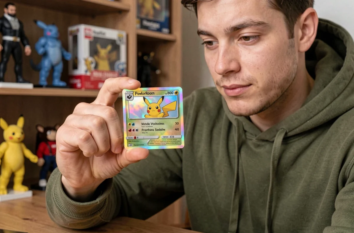 Jeune homme tenant une carte Pokémon Pikachu rare holographique avec admiration, cadeau collector pour fan de Pokémon