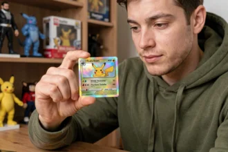 Jeune homme tenant une carte Pokémon Pikachu rare holographique avec admiration, cadeau collector pour fan de Pokémon