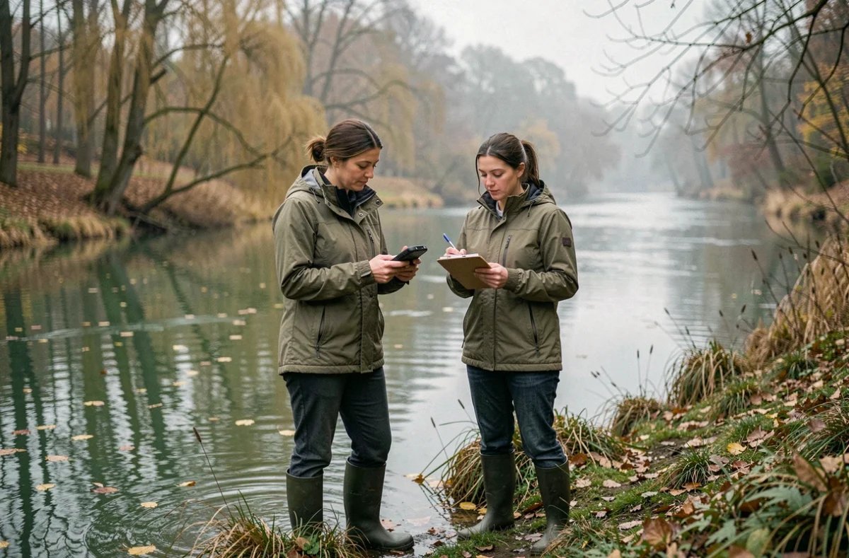 Deux chercheuses mesurant le cours d'un affluent du Danube avec GPS et carnet de terrain