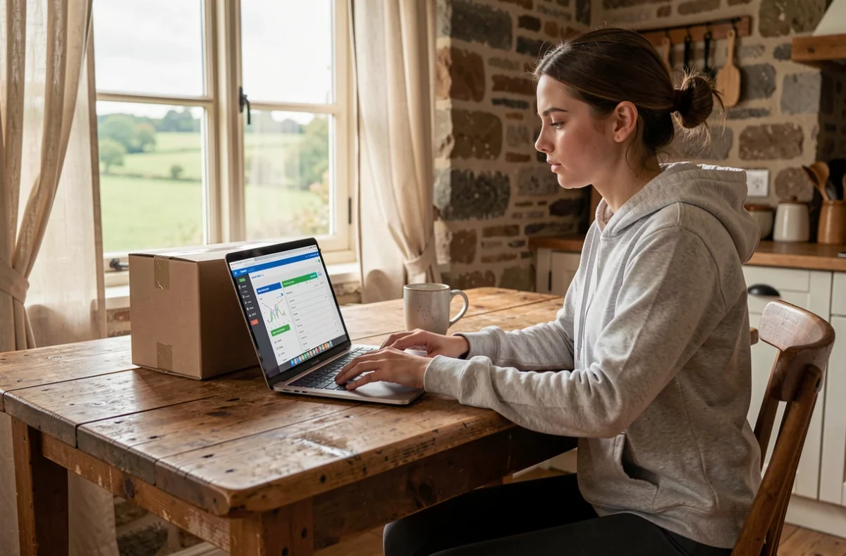 Femme planifiant une collecte Chronopost à domicile depuis une maison rurale en ligne