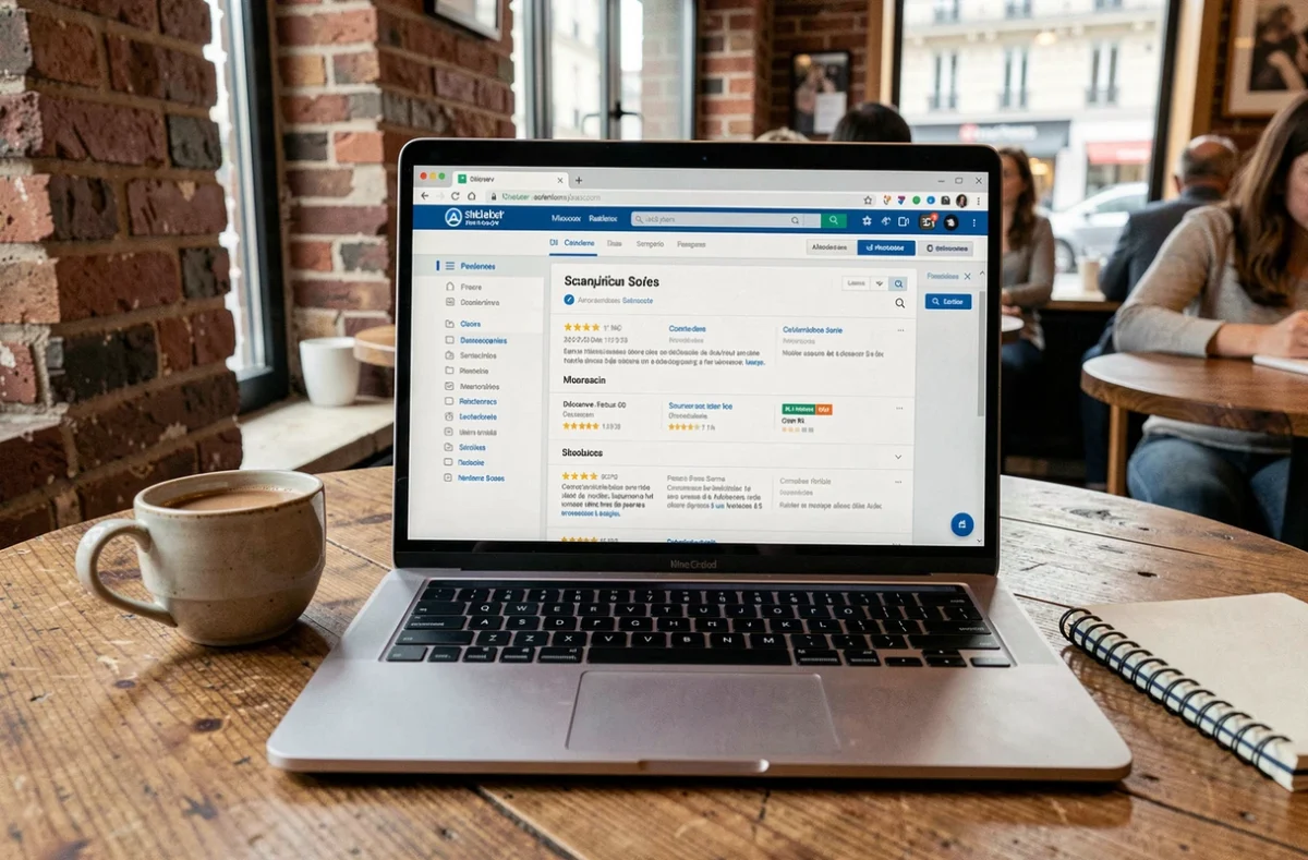 Ordinateur portable affichant une comparaison de services de numérisation en ligne dans un café urbain français