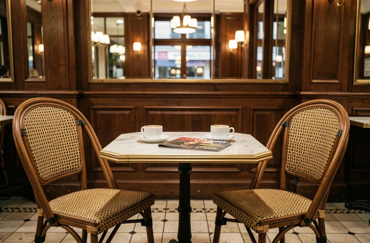 Deux chaises vides et tasses d'espresso dans un café parisien, métaphore visuelle des spéculations médiatiques sur le couple Anne Sila et David Kammenos