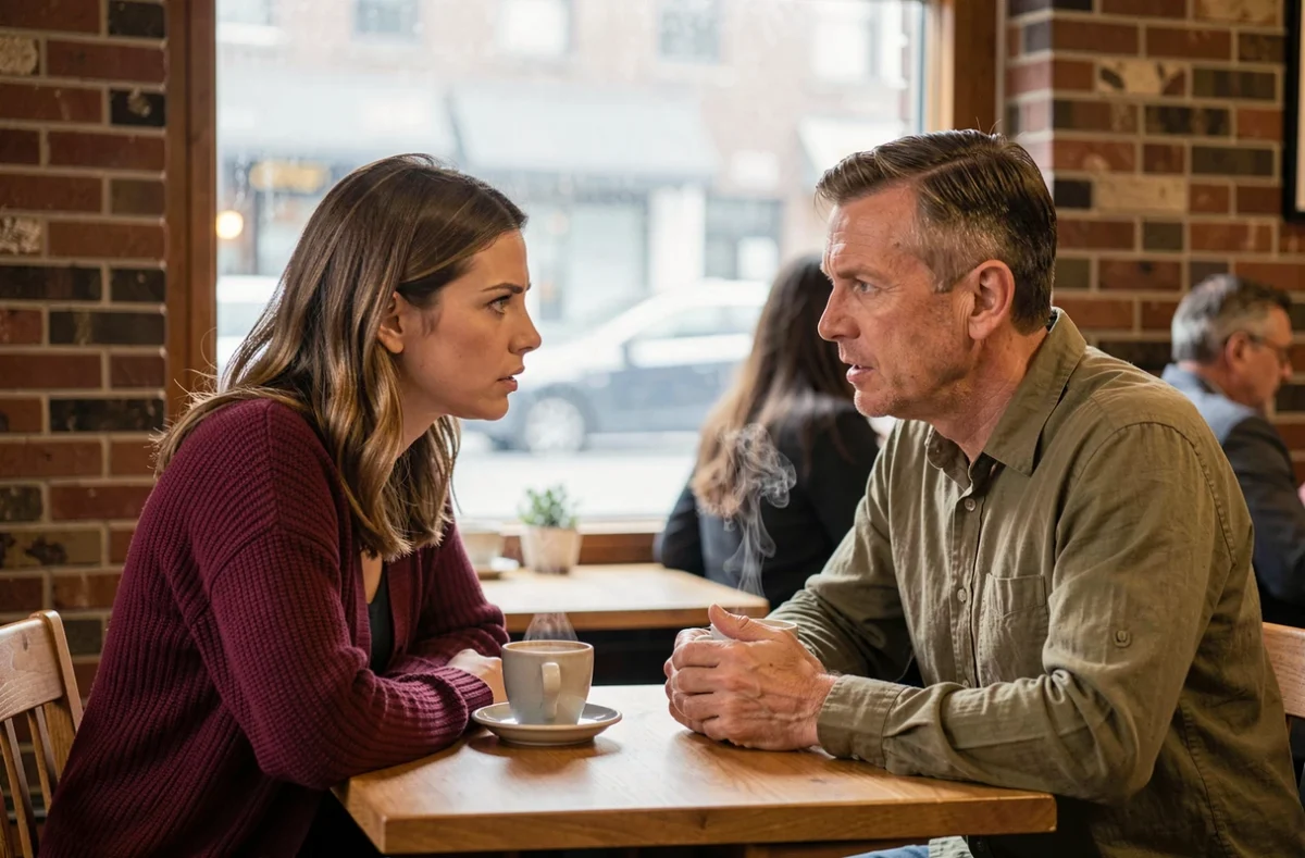Un homme et une femme en conversation tendue et emotive dans un cafe, illustrant une possible reconciliation avec un ex-amoureux