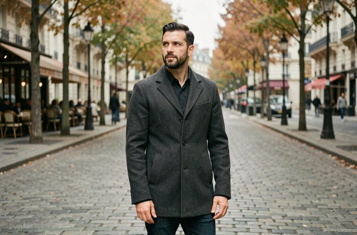 Homme en manteau gris dans une rue pavée parisienne, symbolisant la discrétion médiatique autour de la vie privée de David Kammenos