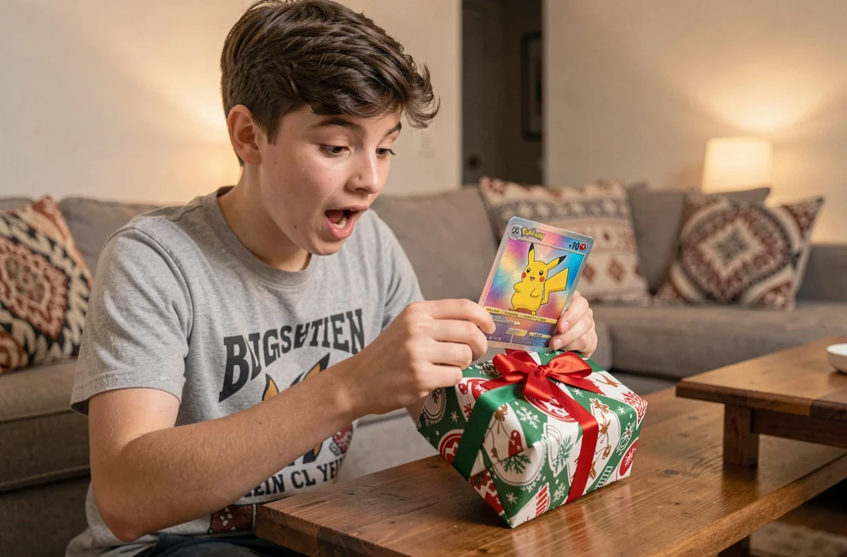 Adolescent découvrant avec surprise une carte Pokémon Pikachu rare comme cadeau, emballage festif déballé dans un salon