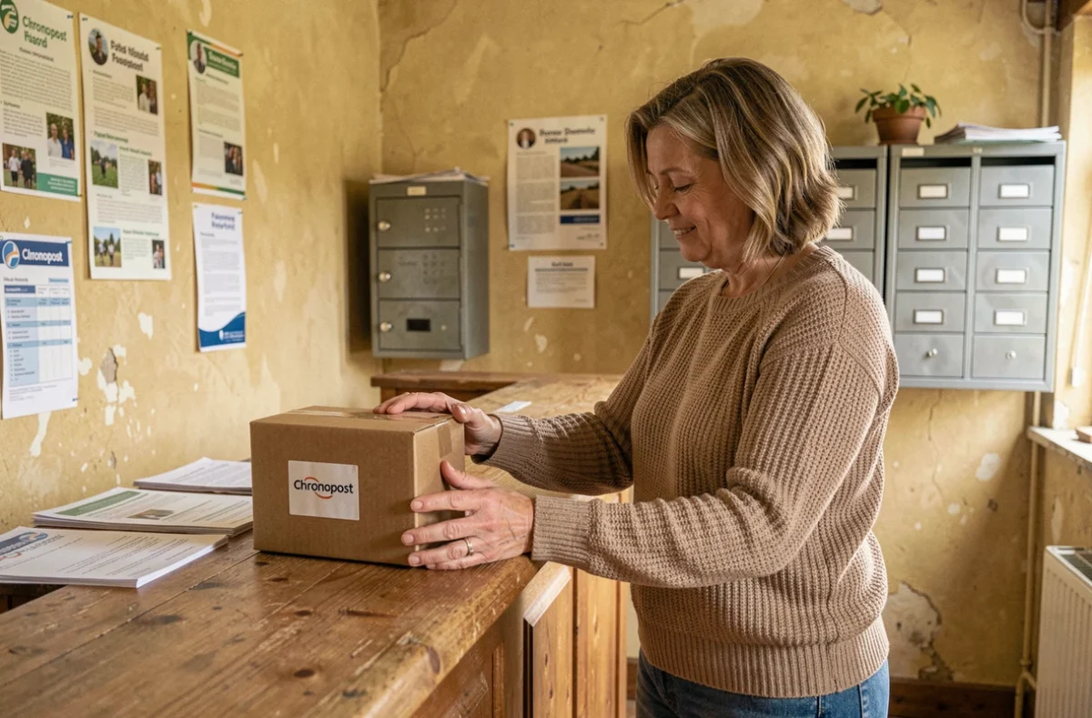 Femme déposant un colis Chronopost au guichet d'un bureau de poste rural