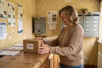 Femme déposant un colis Chronopost au guichet d'un bureau de poste rural