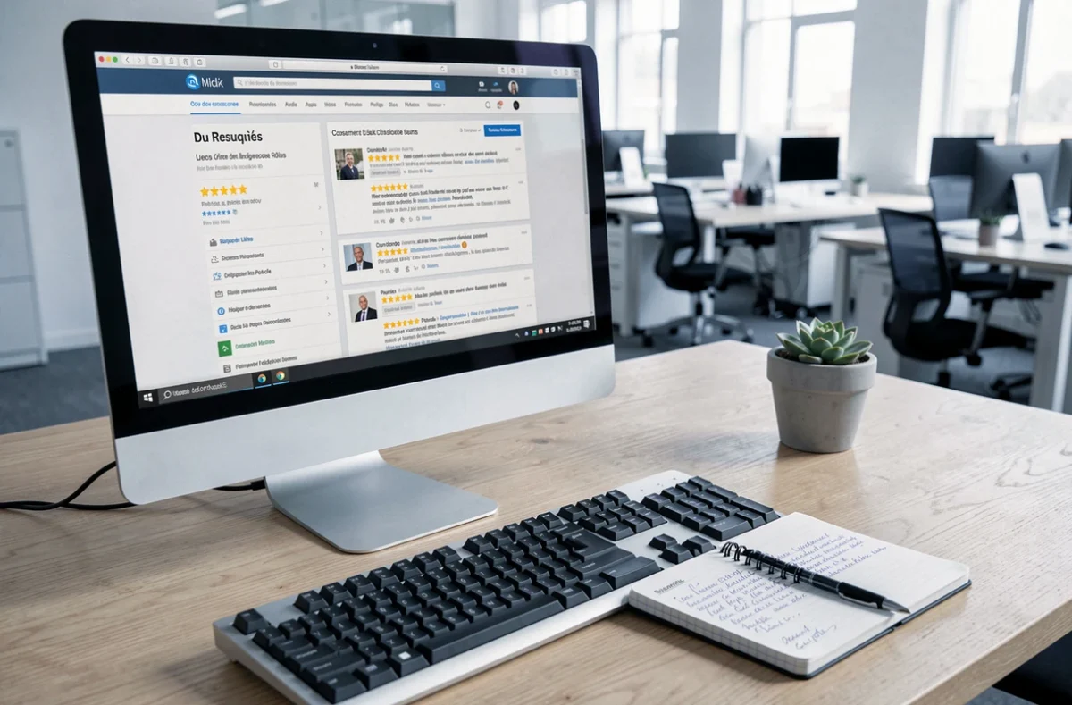 Écran d'ordinateur affichant un site d'avis consommateurs avec notes et commentaires pour évaluer leur fiabilité