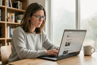 Femme consultant des avis en ligne sur son ordinateur portable pour détecter des arnaques sur internet