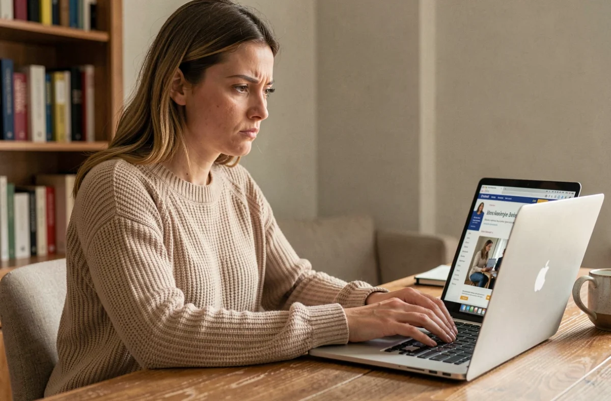 Femme consultant un site d'avis en ligne sur son ordinateur portable pour vérifier la fiabilité d'une boutique