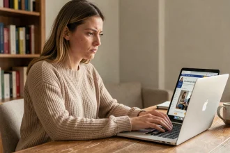 Femme consultant un site d'avis en ligne sur son ordinateur portable pour vérifier la fiabilité d'une boutique