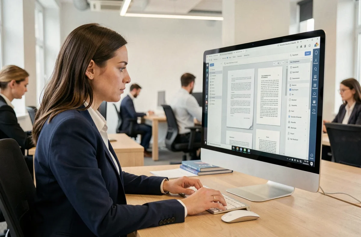 Femme professionnelle utilisant un logiciel de numérisation de documents sur un écran d'ordinateur dans un bureau moderne