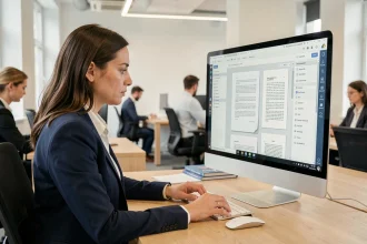 Femme professionnelle utilisant un logiciel de numérisation de documents sur un écran d'ordinateur dans un bureau moderne
