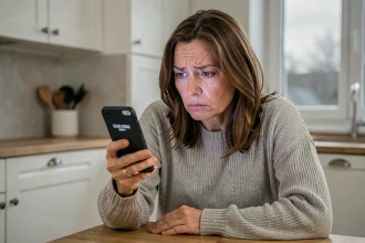 Femme regardant son smartphone avec méfiance face à un numéro de portable inconnu lors d'un appel de démarchage téléphonique