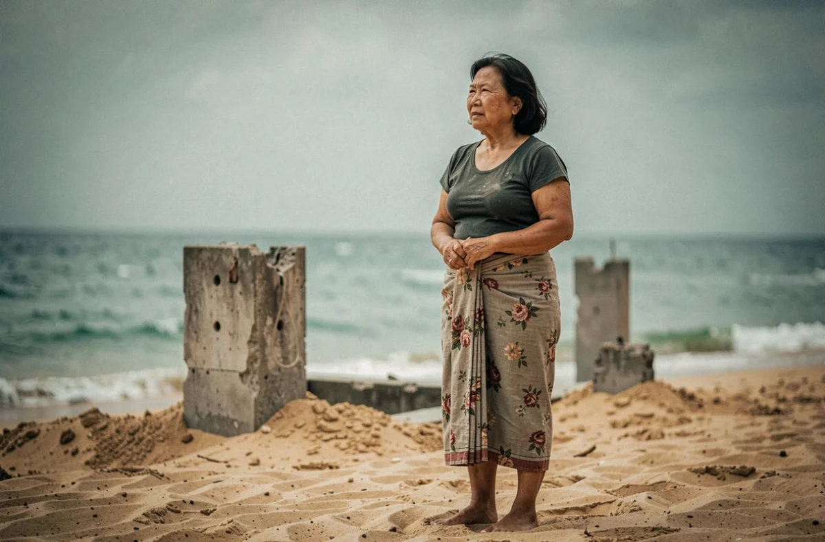 Femme thaïlandaise contemplant l'océan Indien sur une plage de Phuket, symbole de mémoire et de résilience après le tsunami de 2004
