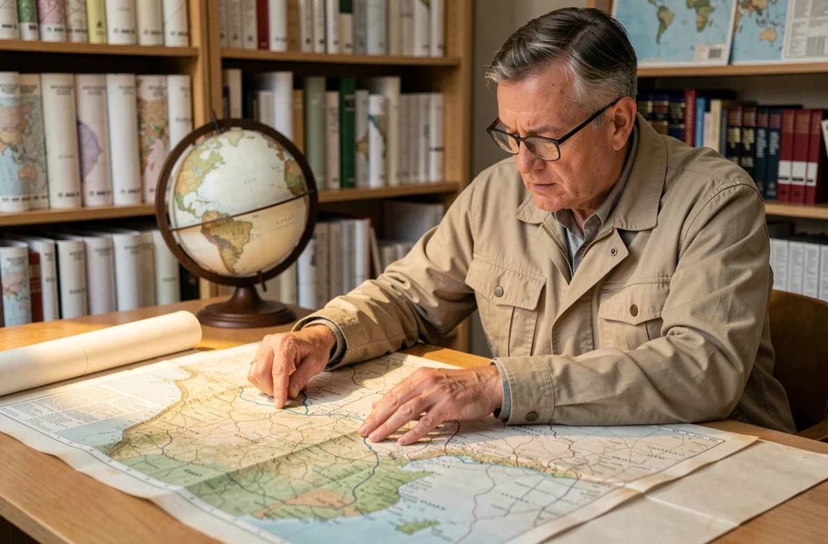 Géographe étudiant une carte topographique du Danube dans un laboratoire de cartographie universitaire
