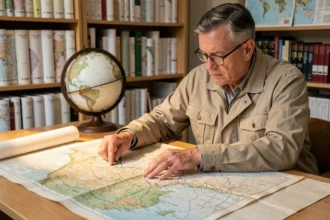 Géographe étudiant une carte topographique du Danube dans un laboratoire de cartographie universitaire