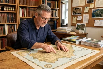 Historien étudiant une carte de la Gaule romaine pour localiser Alésia sur une table en bois dans un bureau académique