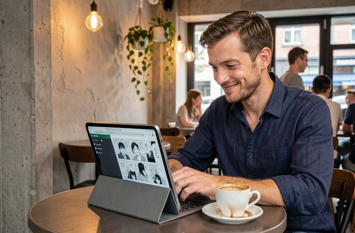 Homme lisant des mangas sur une tablette dans un café urbain moderne via une plateforme de lecture en ligne