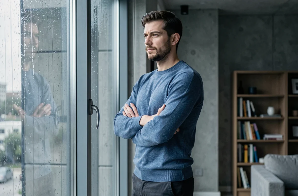 Homme pensif regardant par une fenetre sous la pluie dans un appartement moderne, reflechissant a une ancienne relation amoureuse