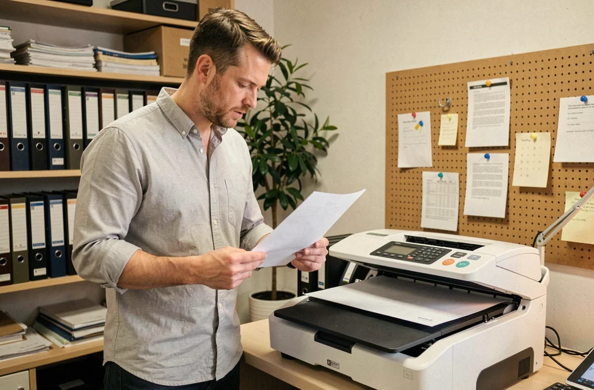 Homme examinant un document numérisé à côté d'un scanner à plat dans un bureau de petite entreprise