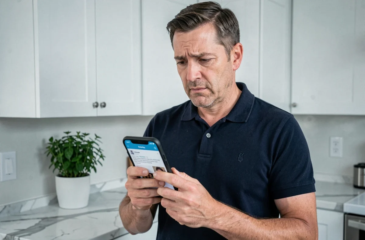 Homme vérifiant les avis clients sur son smartphone avant d'acheter sur un site e-commerce suspect