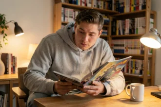 Jeune homme adulte lisant un manhwa pour adultes à son bureau dans un appartement cosy entouré de livres