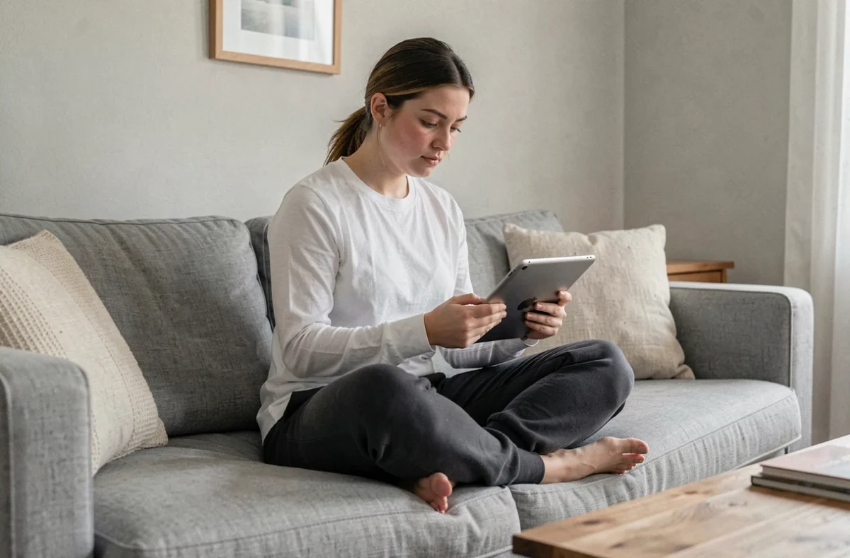 Jeune femme lisant des avis utilisateurs sur une tablette pour évaluer la fiabilité d'un site marchand