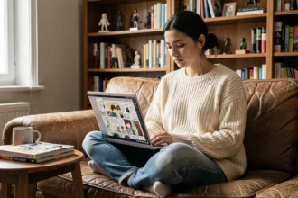 Jeune femme lisant des mangas en ligne sur un site web depuis son laptop confortablement installée dans son salon