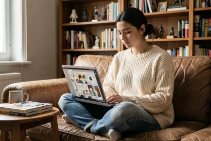 Jeune femme lisant des mangas en ligne sur un site web depuis son laptop confortablement installée dans son salon