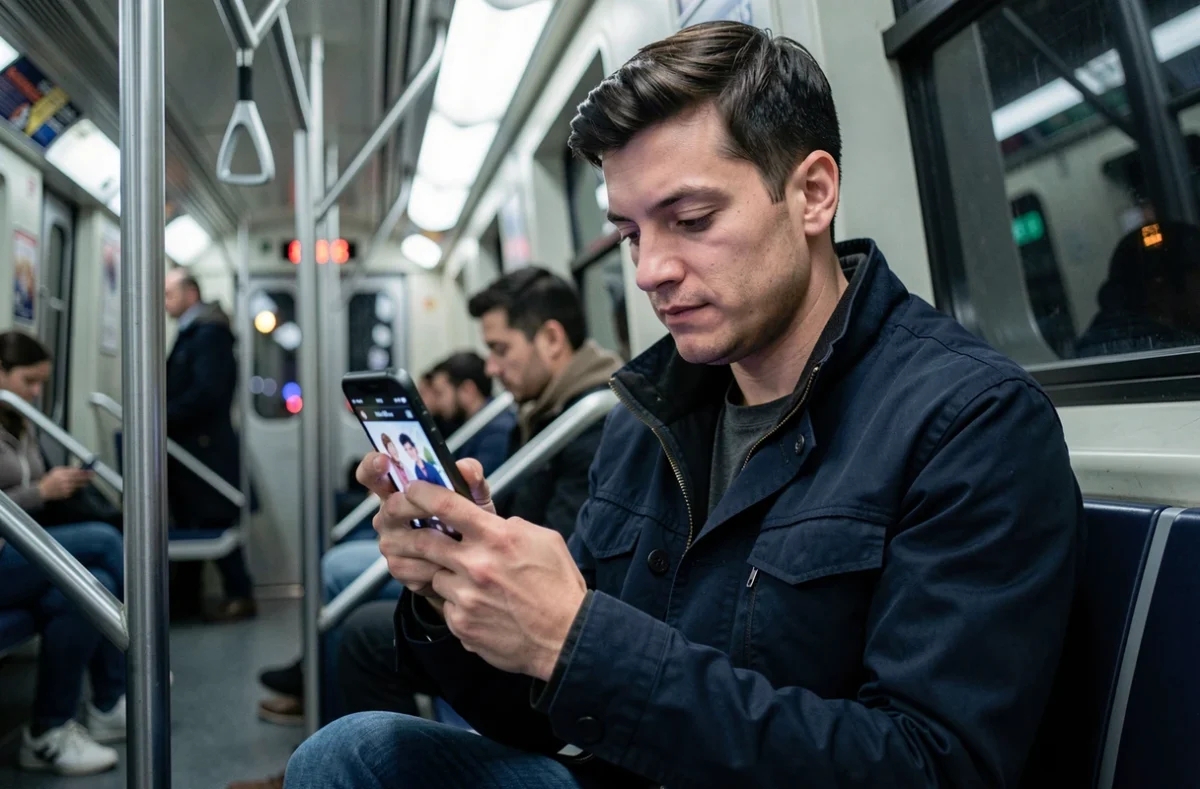 Homme lisant un webtoon sur smartphone dans le métro pendant ses trajets quotidiens, illustration de la lecture mobile de webtoons légaux