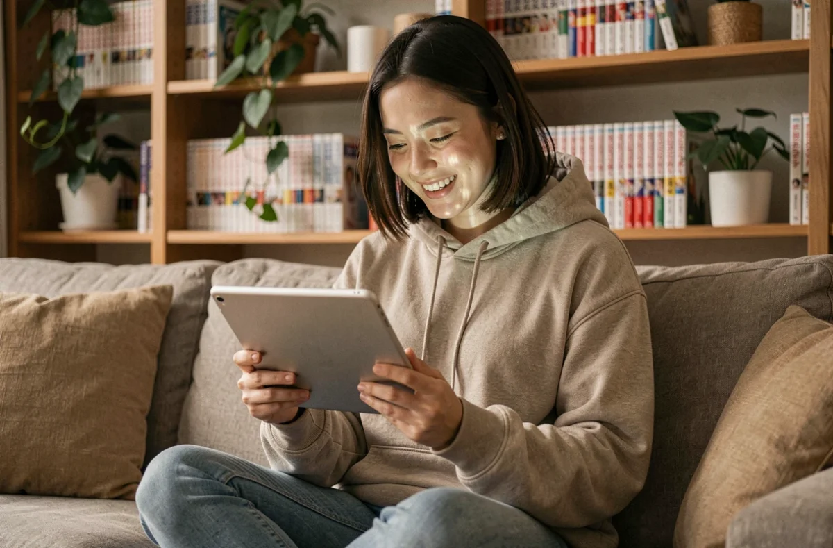 Jeune femme lisant un webtoon sur tablette confortablement installée dans son salon, illustration de la lecture légale de webtoons en français