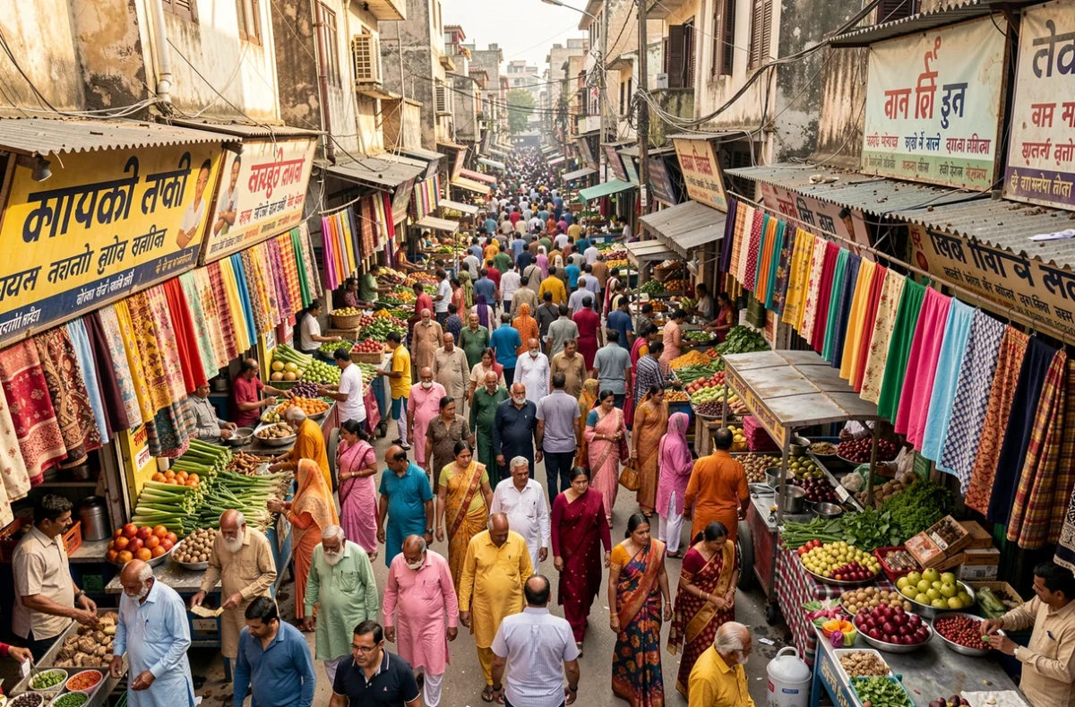 Marché populaire bondé en Asie du Sud illustrant la forte densité de population dans les pays les plus peuplés